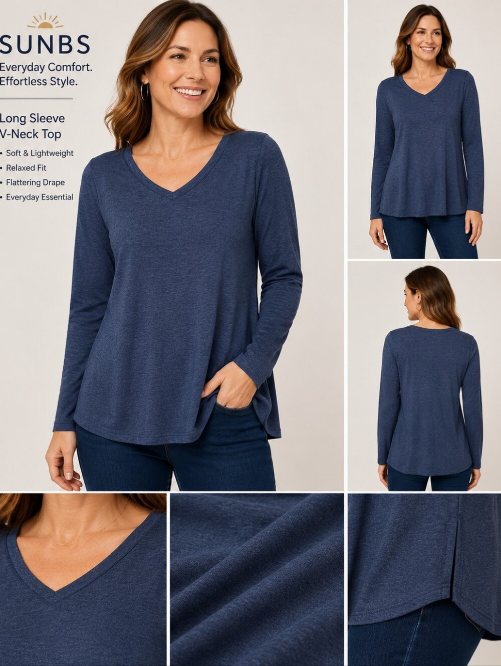 SUNBS Women's Long Sleeve V-Neck Tunic Top Blue NWT Soft Stretch Casual Size M